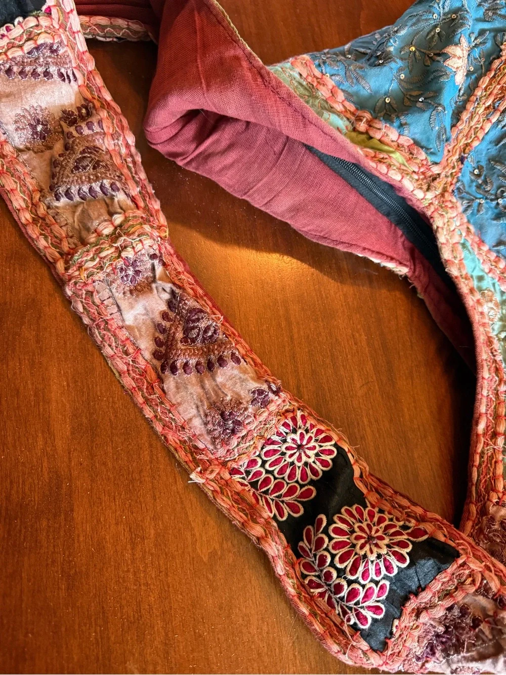Embroidered Patchwork Hobo Bag in Teal, Pink and Gold